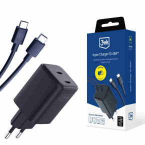 3mk síťová nabíječka Hyper Charger PD 45W+USB Cable C to C Black 3mk síťová nabíječka Hyper Charger PD 45W+USB Cable C to C Black
