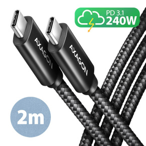 AXAGON BUCM2-CM20AB, CHARGE kabel USB-C <-> USB-C, 2m, Hi-Speed USB, PD 240W 5A, ALU, oplet, černý AXAGON BUCM2-CM20AB, CHARGE kabel USB-C <-> USB-C, 2m, Hi-Speed USB, PD 240W 5A, ALU, oplet, černý
