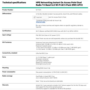 HPE Networking Instant On Access Point Dual Radio Tri Band 2x2 Wi-Fi 6E 5-Pack (RW) AP32 HPE Networking Instant On Access Point Dual Radio Tri Band 2x2 Wi-Fi 6E 5-Pack (RW) AP32