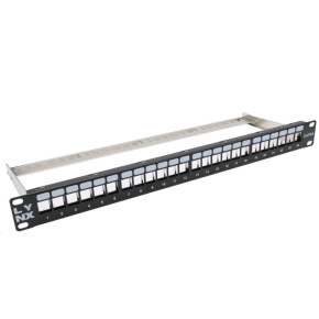 LYNX Patch panel, 19'', 24 portů, 1U, Cat5e/6/6A/7, neosazený, stíněný, vyvazovák, černý