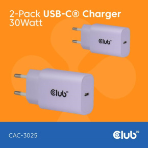 Club3D Nabíječka, USB-C, Power Delivery 15V/2A, 2-pack, fialová Club3D Nabíječka, USB-C, Power Delivery 15V/2A, 2-pack, fialová